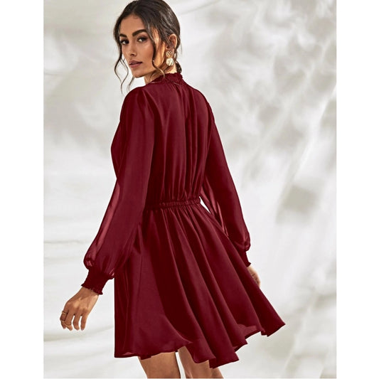 Generic Women's Fox Georgette Solid High Neck Full Sleeve Dress (Maroon)