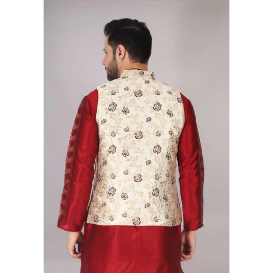 Generic Men's Jacquard Self-Design Sleeveless Mandarin Neck Waistcoat (Cream)