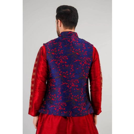 Generic Men's Jacquard Self-Design Sleeveless Mandarin Neck Waistcoat (Blue-Red)