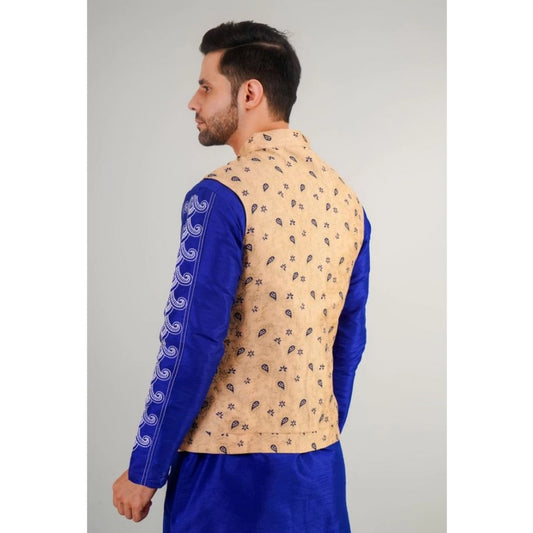 Men's Jacquard Self-Design Sleeveless Mandarin Neck Waistcoat (Beige)