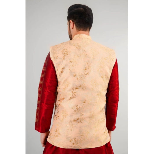 Generic Men's Jacquard Self-Design Sleeveless Mandarin Neck Waistcoat (Beige)