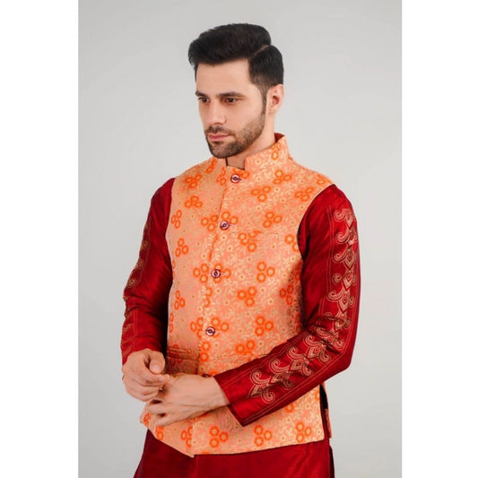 Generic Men's Jacquard Self-Design Sleeveless Mandarin Neck Waistcoat (Orange)
