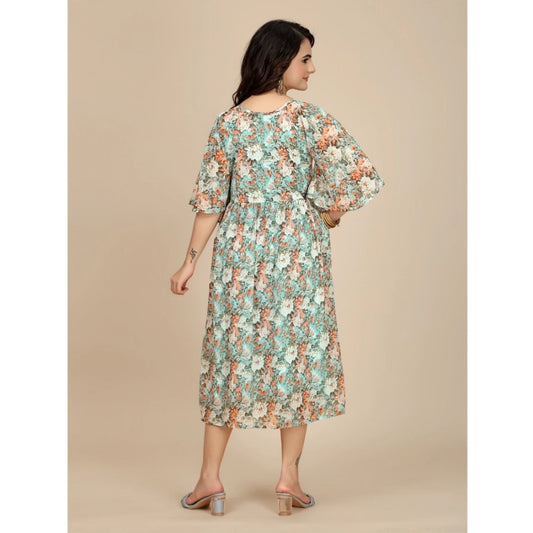 Generic Women's Georgette Printed Round Neck Short Sleeve Dress (Multicolor)