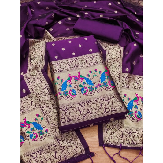 Generic Women's Banarasi Silk Printed Unstitched Salwar Suit Material With Dupatta (Purple, 3Mtrs)