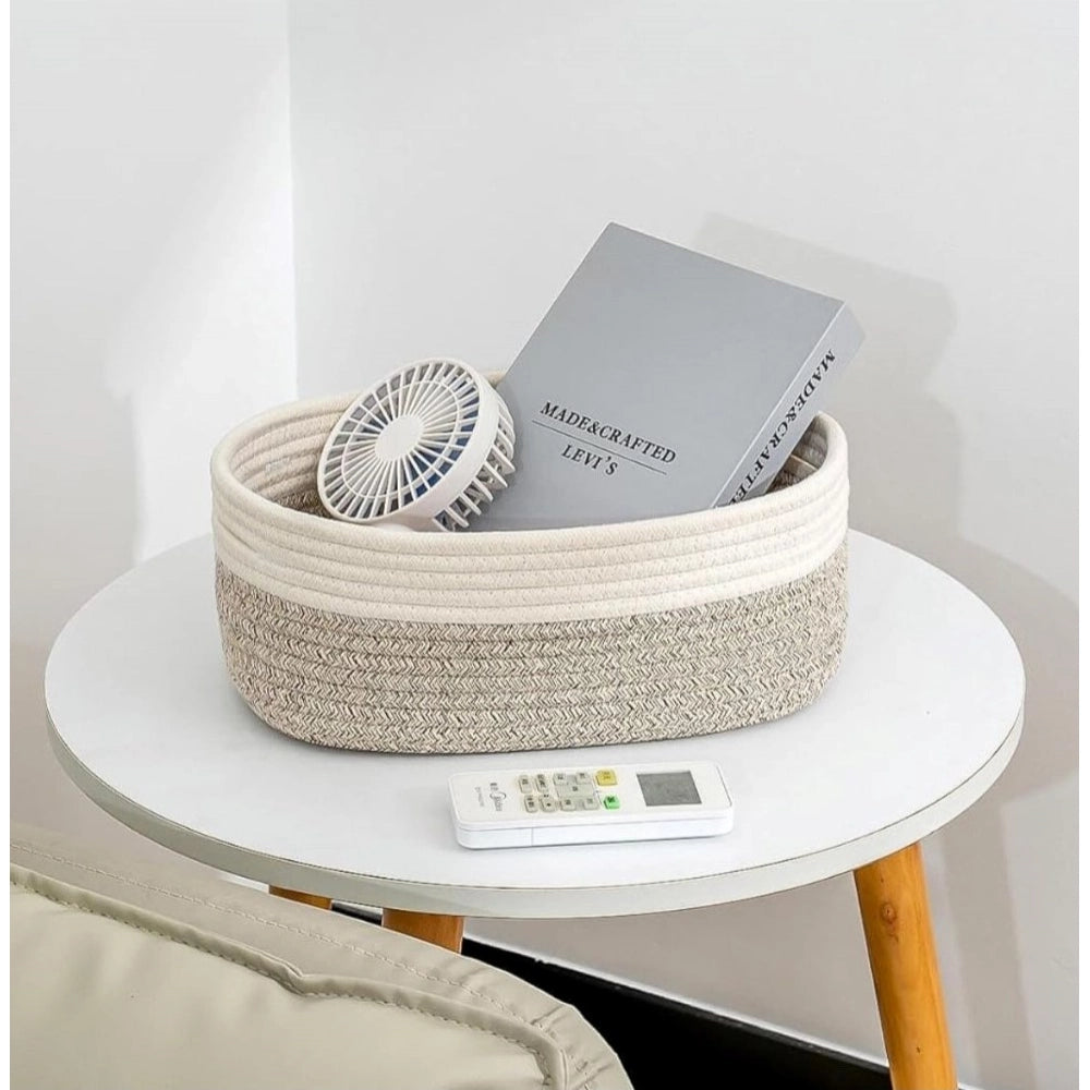 Generic Cotton Oval Storage Rope Woven Baskets Pack of 1 (White Mix)