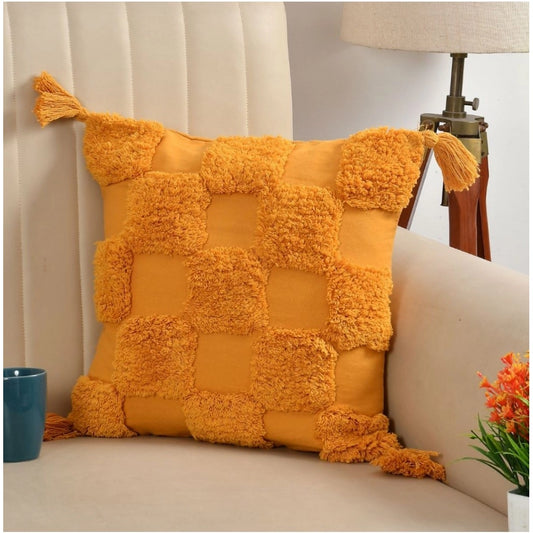 Generic Cotton Tufted Cushion Pillow Cover 16x16 Inch Pack of 2 (Yellow)