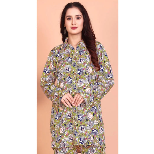 Generic Women's Rayon Printed Mandarin Collar Full Sleeve Co Ord Set (Green)