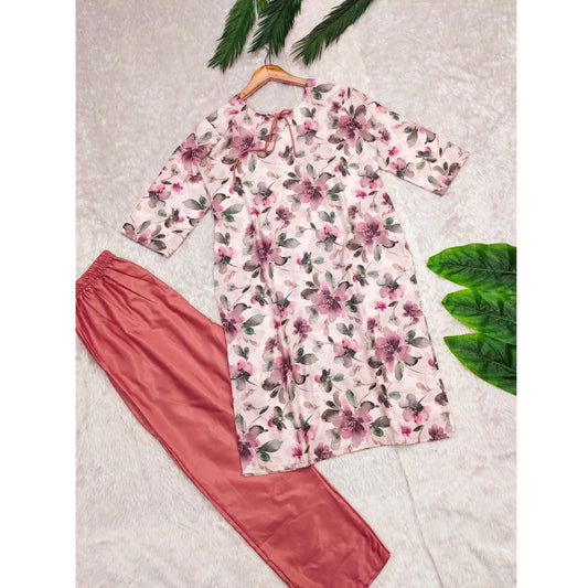 Generic Women's Rayon Printed Round Neck 3-4th Sleeve Kurti With Pant Set (Peach)