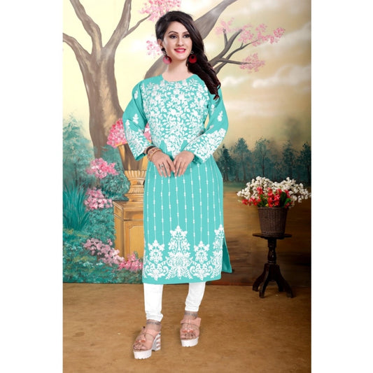 Generic Women's Georgette Printed Round Neck 3-4th Sleeve Kurti (Sky)