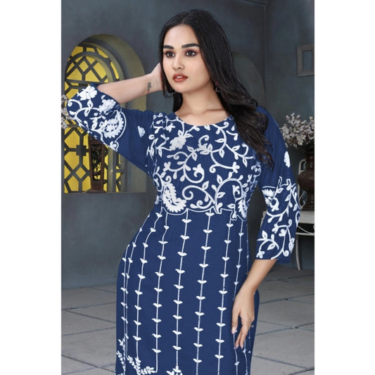 Generic Women's Rayon Printed Round Neck 3-4th Sleeve Kurti (Blue)