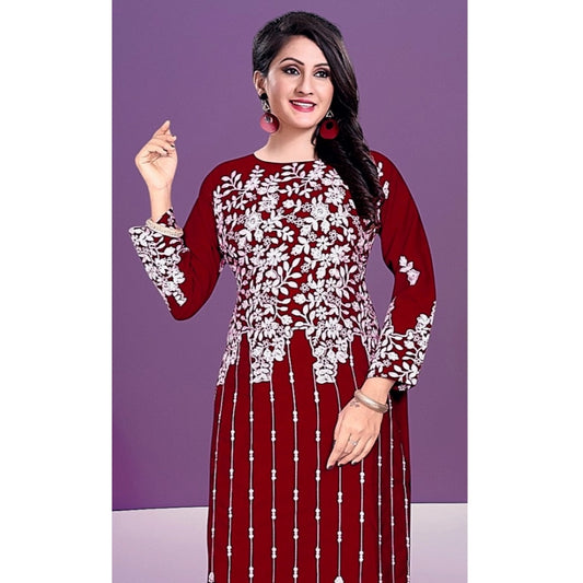 Generic Women's Rayon Printed Round Neck 3-4th Sleeve Kurti (Maroon)