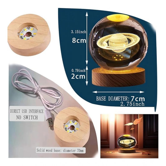Generic Wood 3D Saturn Crystal Ball Lamp Lamp with USB Powered (Transparent)