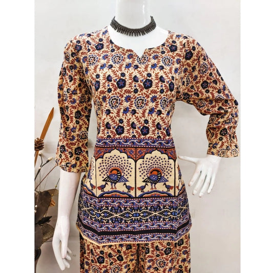 Generic Women's Cotton Jaipuri Printed 3-4th Sleeve Co ord Set (Multicolor)