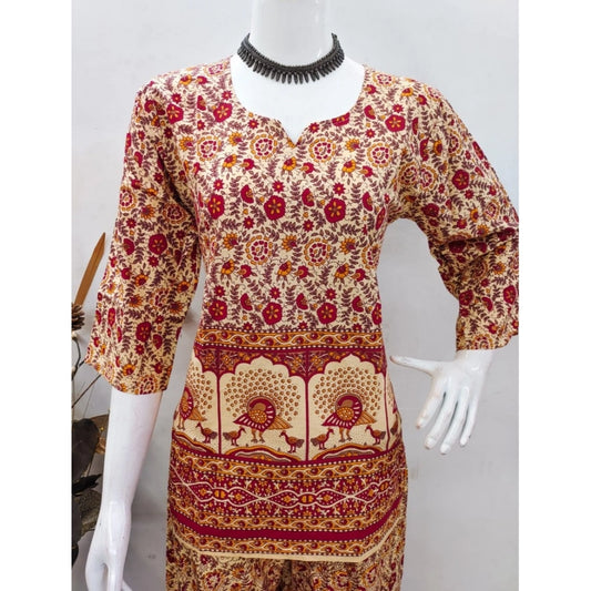 Generic Women's Cotton Jaipuri Printed 3-4th Sleeve Co ord Set (Multicolor)