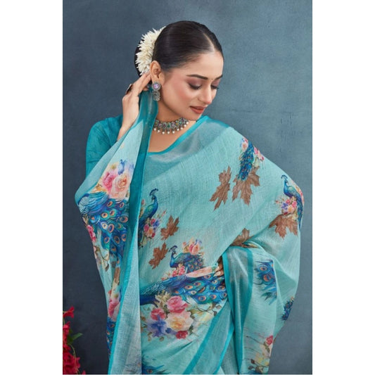Generic Women's Linen Floral Printed Saree With Unstitched Blouse 5.5Mtr (Aqua)