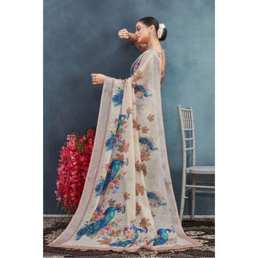 Generic Women's Linen Floral Printed Saree With Unstitched Blouse 5.5Mtr (Beige)