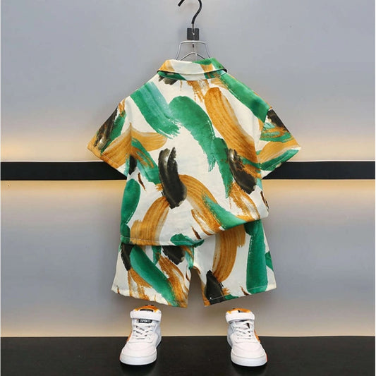 Generic Boy's Lycra Blend Printed Short Sleeve Shirt and Shorts Set (MultiColor)