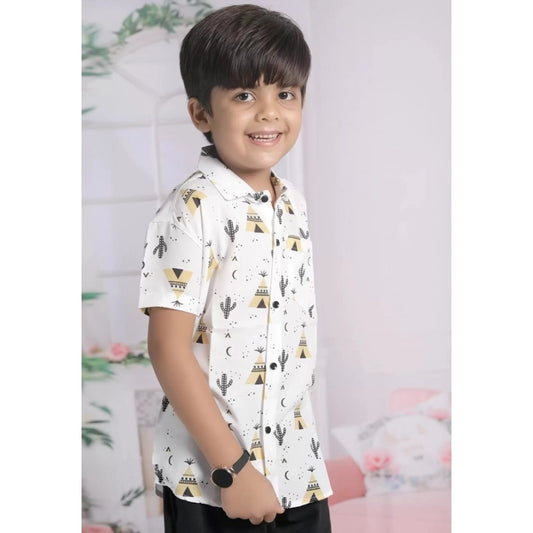 Cotton Blend Printed Short Sleeve Shirt and Shorts Set (White)