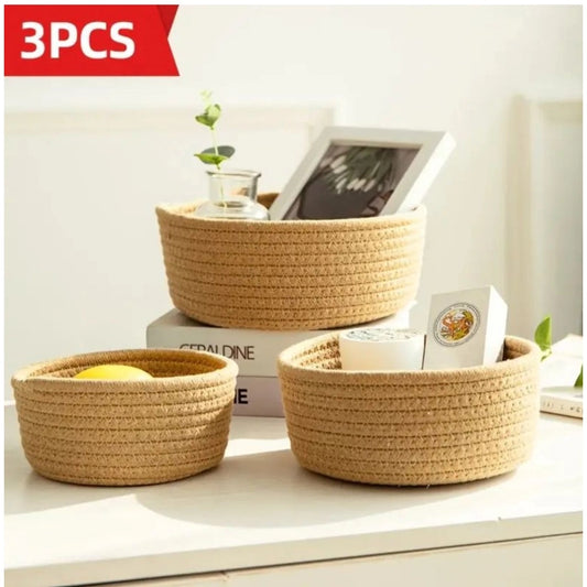 Cotton 3 Pcs Round Set Storage Basket For Clothes (Brown)