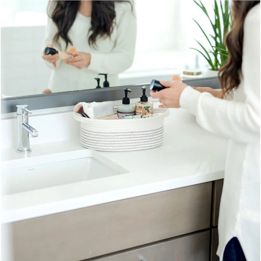 Generic Cotton Zigzag Oval Basket Pack of 3 Storage Basket For Clothes (White)