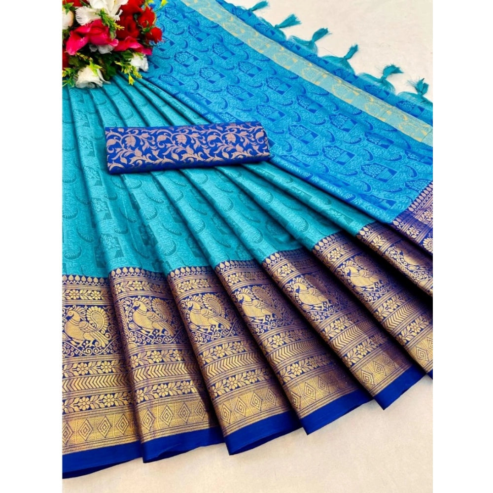 Generic Women's Cotton Silk Printed Saree With Unstitched Blouse 5.5Mtr (Sky Blue)
