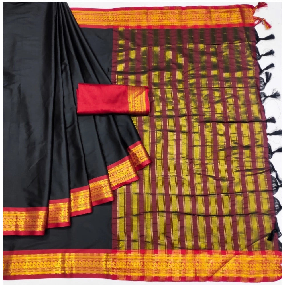 Generic Women's Cotton Silk Solid Saree With Unstitched Blouse 5.5Mtr (Black)