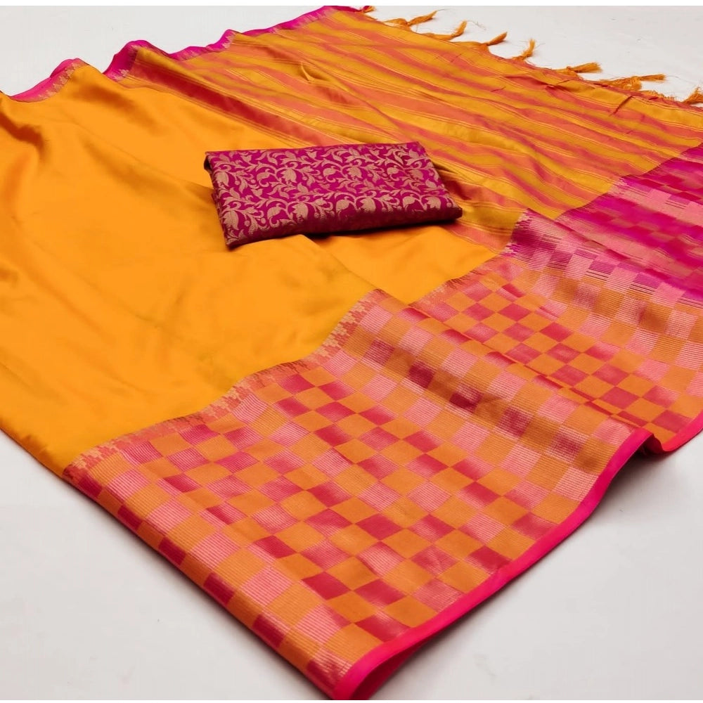 Generic Women's Cotton Silk Checkered Saree With Unstitched Blouse 5.5Mtr (Orange)