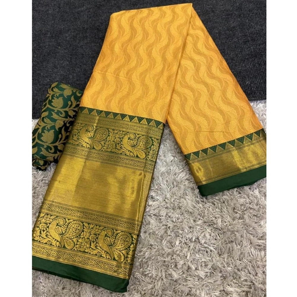 Generic Women's Cotton Silk Printed Saree With Unstitched Blouse 5.5Mtr (Yellow)