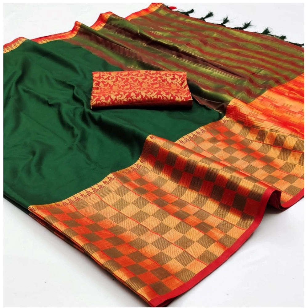 Generic Women's Cotton Silk Checkered Saree With Unstitched Blouse 5.5Mtr (Bgreen)