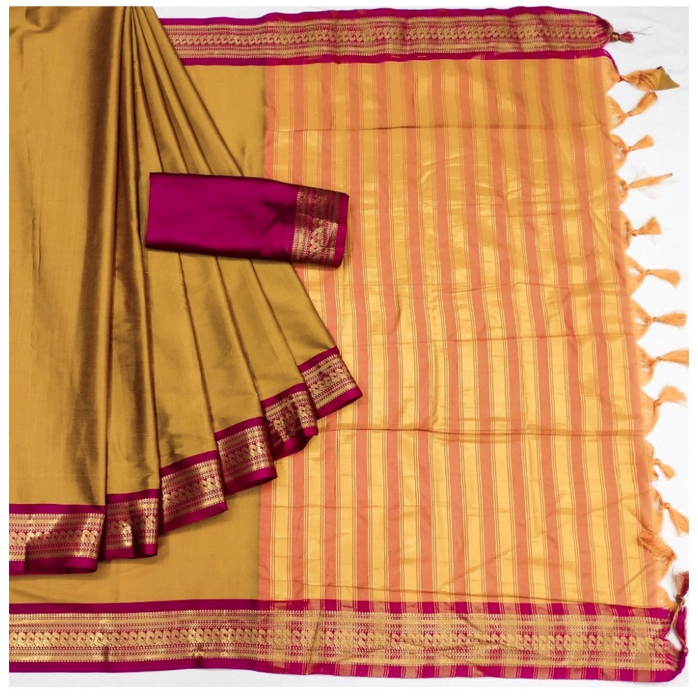 Generic Women's Cotton Silk Solid Saree With Unstitched Blouse 5.5Mtr (Yellow)