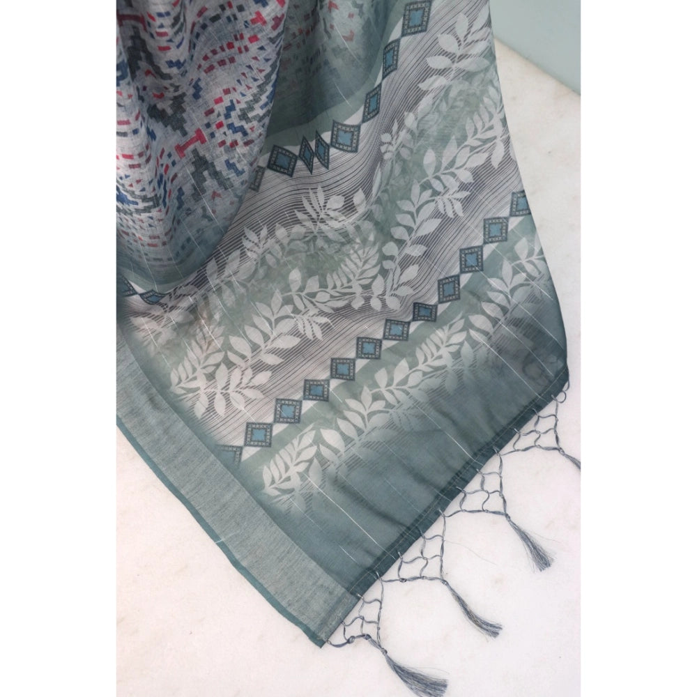 Generic Women's Linen Digital Print Saree With Unstitched Blouse 5.5Mtr (Grey)