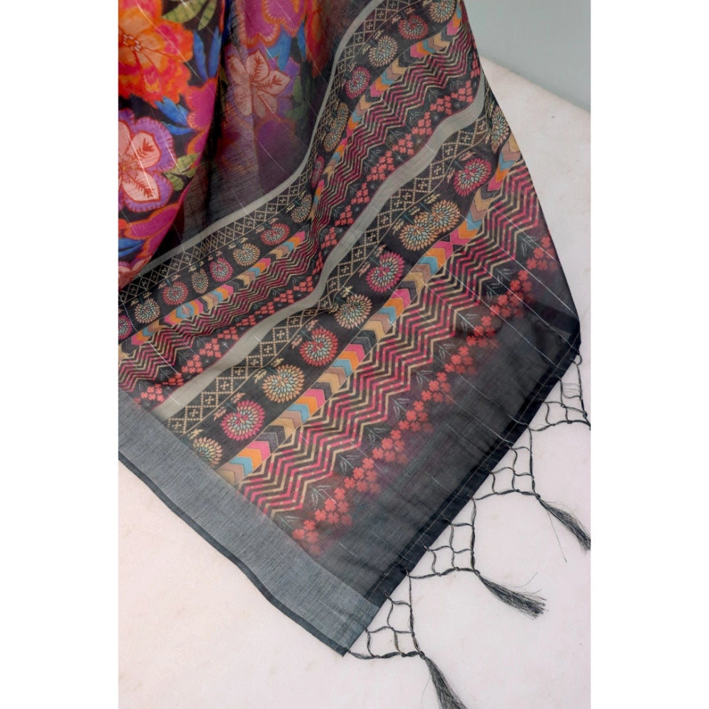 Generic Women's Linen Digital Print Saree With Unstitched Blouse 5.5Mtr (Grey)