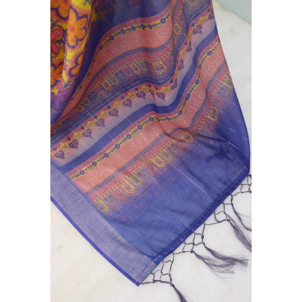 Generic Women's Linen Digital Print Saree With Unstitched Blouse 5.5Mtr (Multicolor)