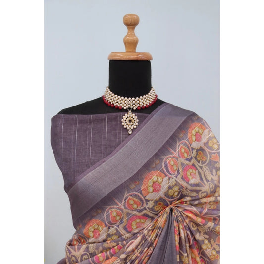 Generic Women's Linen Digital Print Saree With Unstitched Blouse 5.5Mtr (Grey)