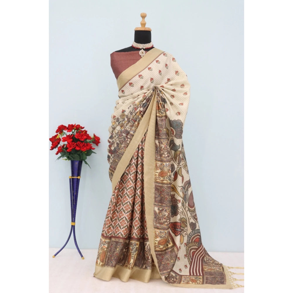 Generic Women's Mysore Silk Digital Print Saree With Unstitched Blouse 5.5Mtr (Beige)