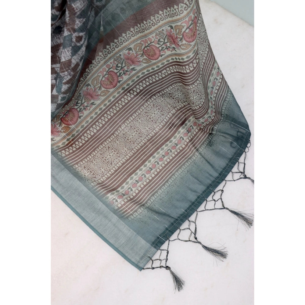 Generic Women's Linen Digital Print Saree With Unstitched Blouse 5.5Mtr (Grey)