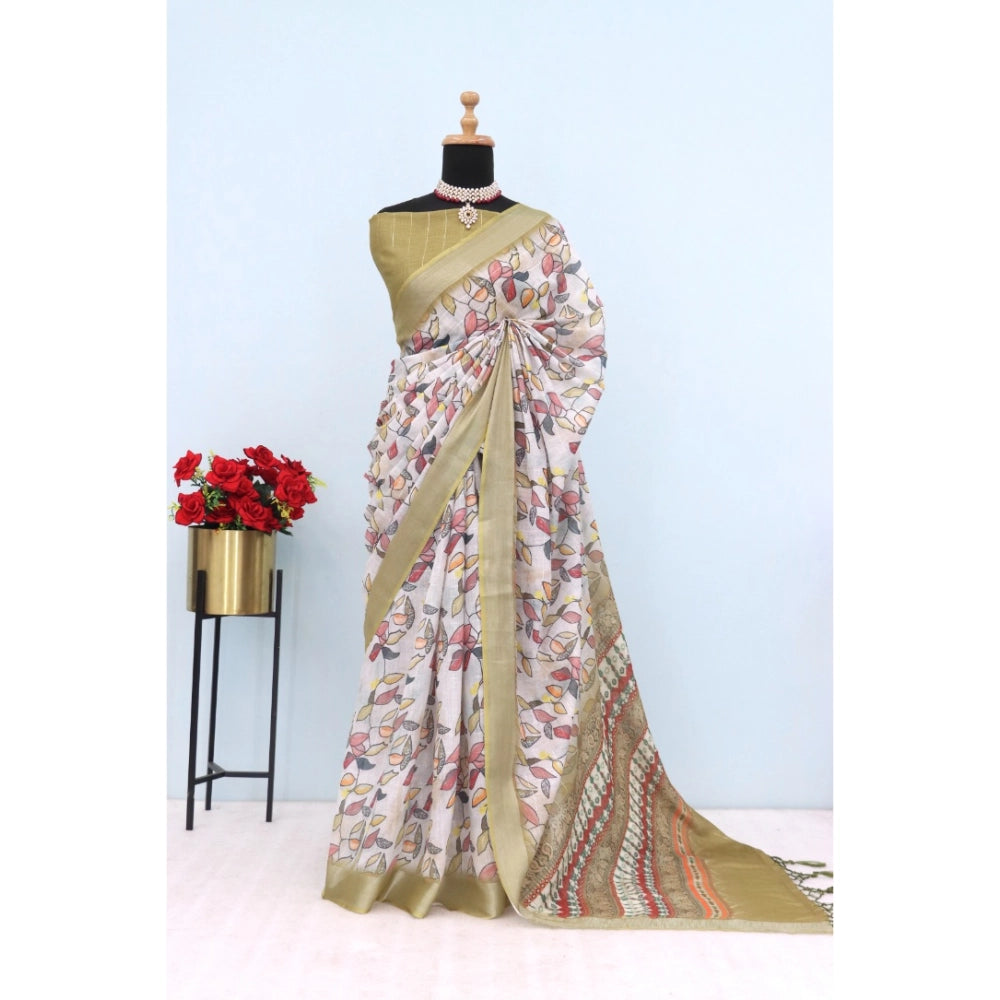 Generic Women's Linen Digital Print Saree With Unstitched Blouse 5.5Mtr (Beige)