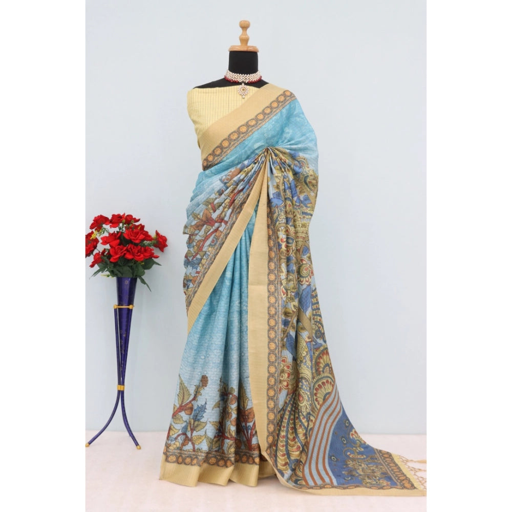 Generic Women's Mysore Silk Digital Print Saree With Unstitched Blouse 5.5Mtr (Sky Blue)