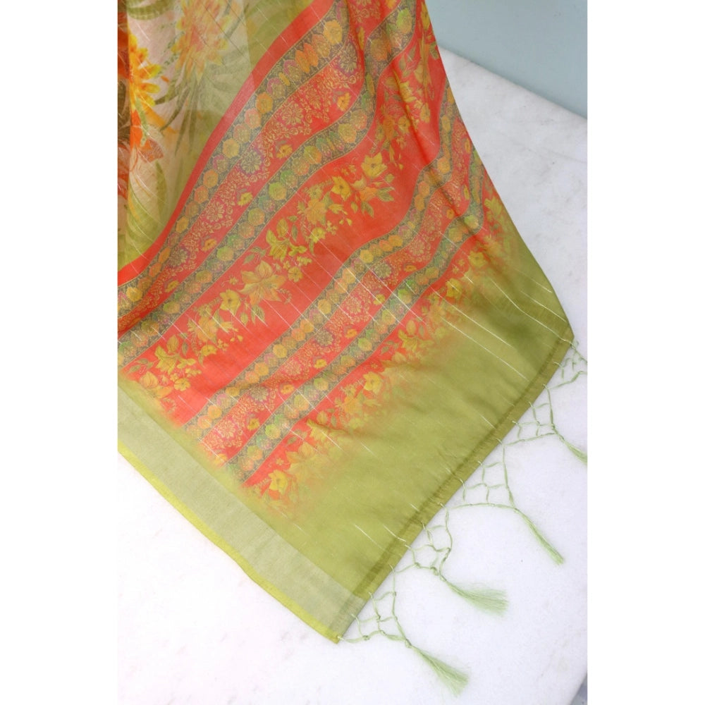 Generic Women's Linen Digital Print Saree With Unstitched Blouse 5.5Mtr (Multicolor)