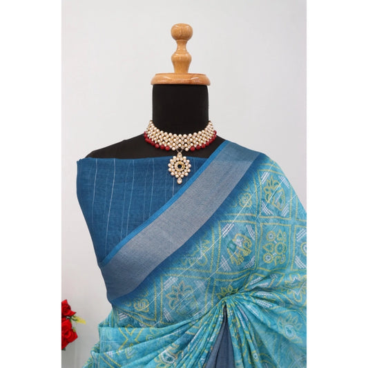 Generic Women's Linen Digital Print Saree With Unstitched Blouse 5.5Mtr (Sky Blue)