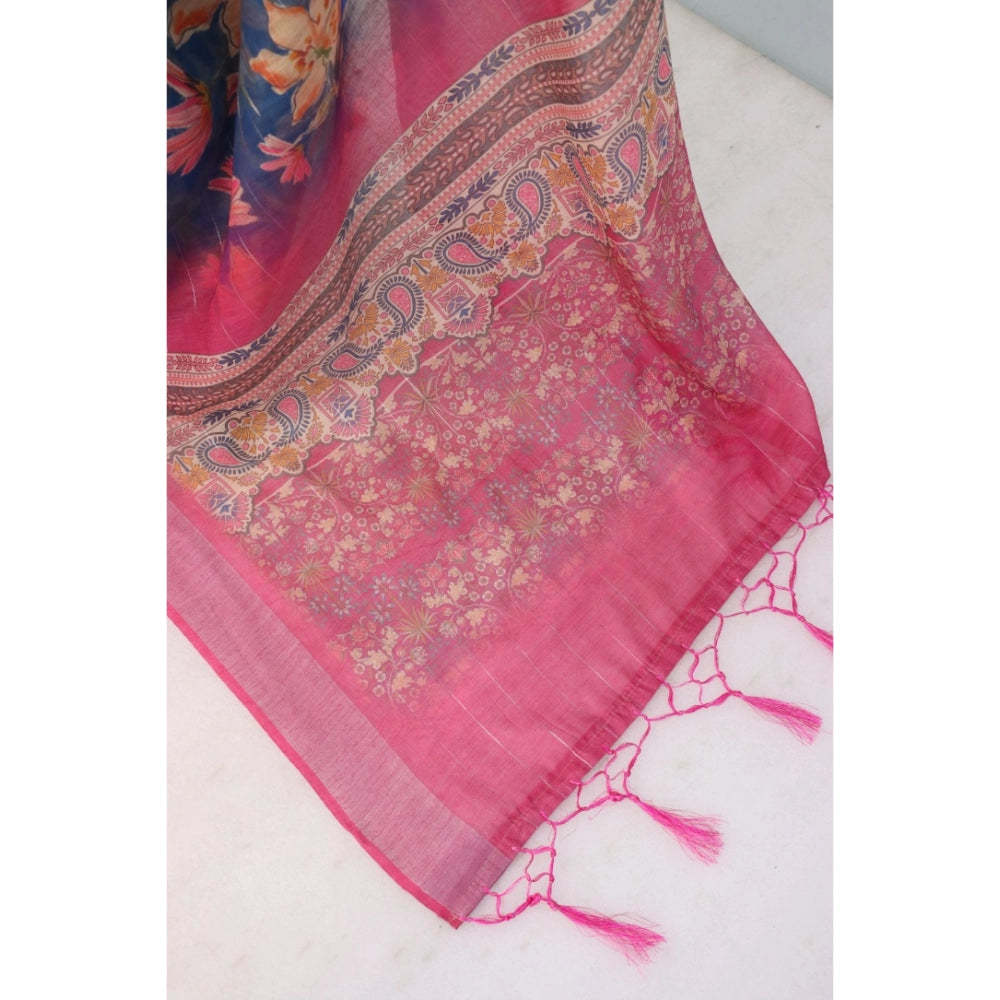 Generic Women's Linen Digital Print Saree With Unstitched Blouse 5.5Mtr (Blue)