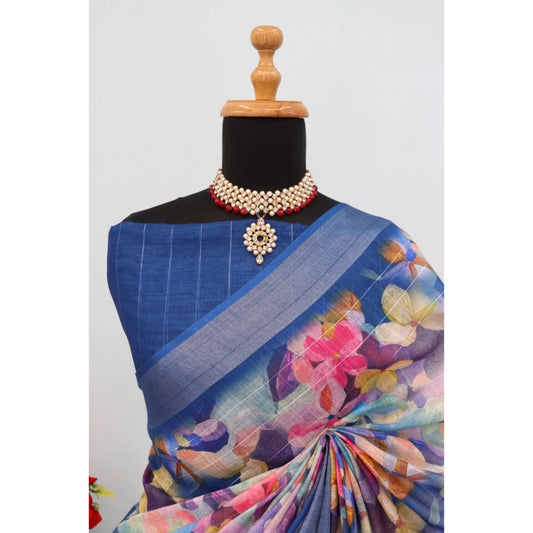 Generic Women's Linen Digital Print Saree With Unstitched Blouse 5.5Mtr (Blue)