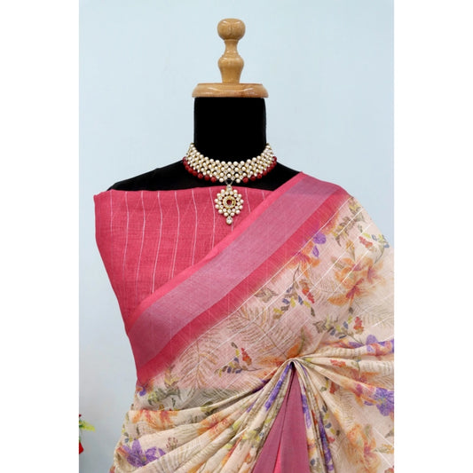 Generic Women's Linen Digital Print Saree With Unstitched Blouse 5.5Mtr (Pink)