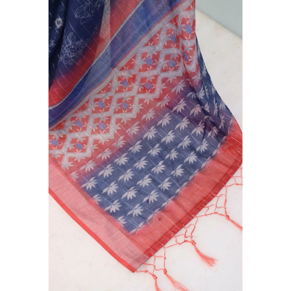 Generic Women's Linen Digital Print Saree With Unstitched Blouse 5.5Mtr (Blue)