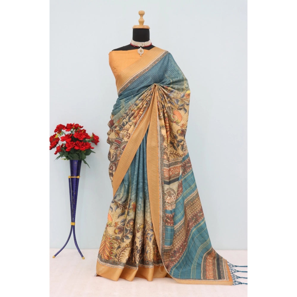 Generic Women's Mysore Silk Digital Print Saree With Unstitched Blouse 5.5Mtr (Blue)