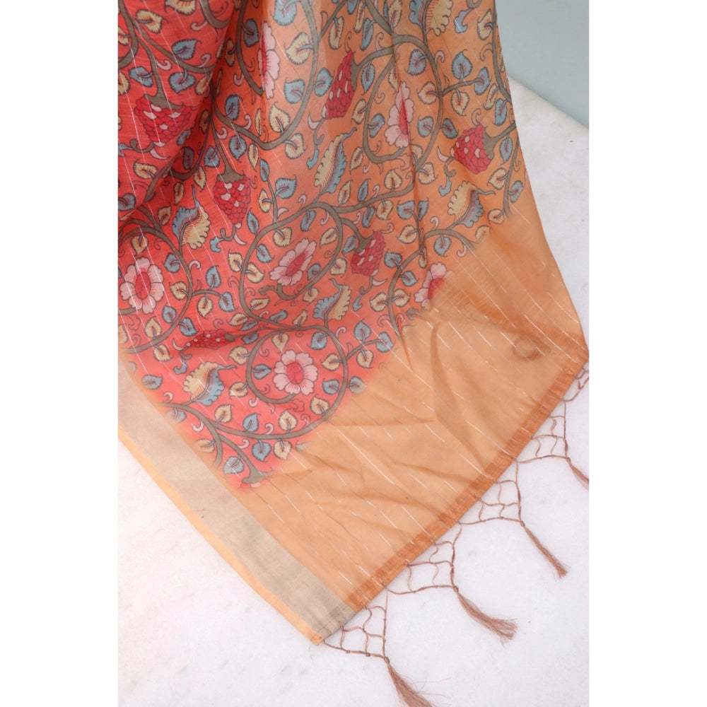Generic Women's Linen Digital Print Saree With Unstitched Blouse 5.5Mtr (Orange)