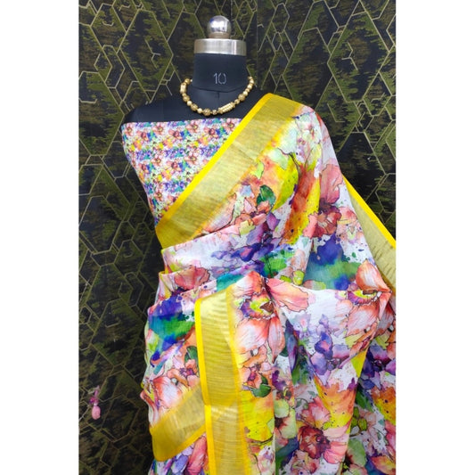 Generic Women's Cotton Linen Printed Saree With Unstitched Blouse 5.5Mtr (Yellow)