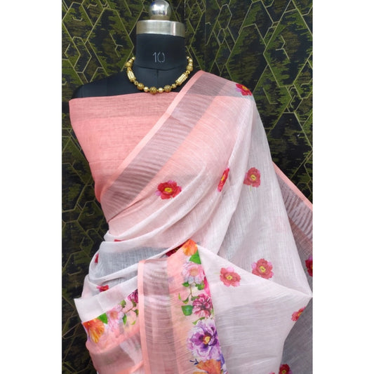 Generic Women's Cotton Linen Woven Design Saree With Unstitched Blouse 5.5Mtr (Peach)