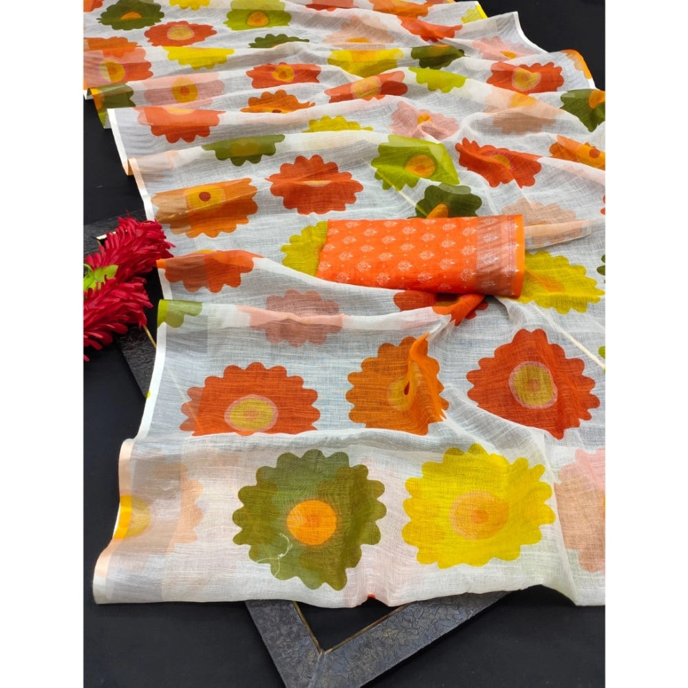 Generic Women's Cotton Linen Woven Design Saree With Unstitched Blouse 5.5Mtr (Orange)