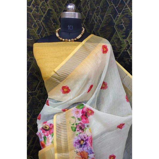 Generic Women's Cotton Linen Woven Design Saree With Unstitched Blouse 5.5Mtr (Yellow)